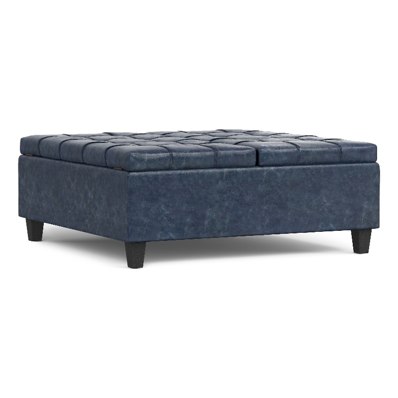 Harrison 40 inch Wide Coffee Table Storage Ottoman in Blue Vegan Faux Leather
