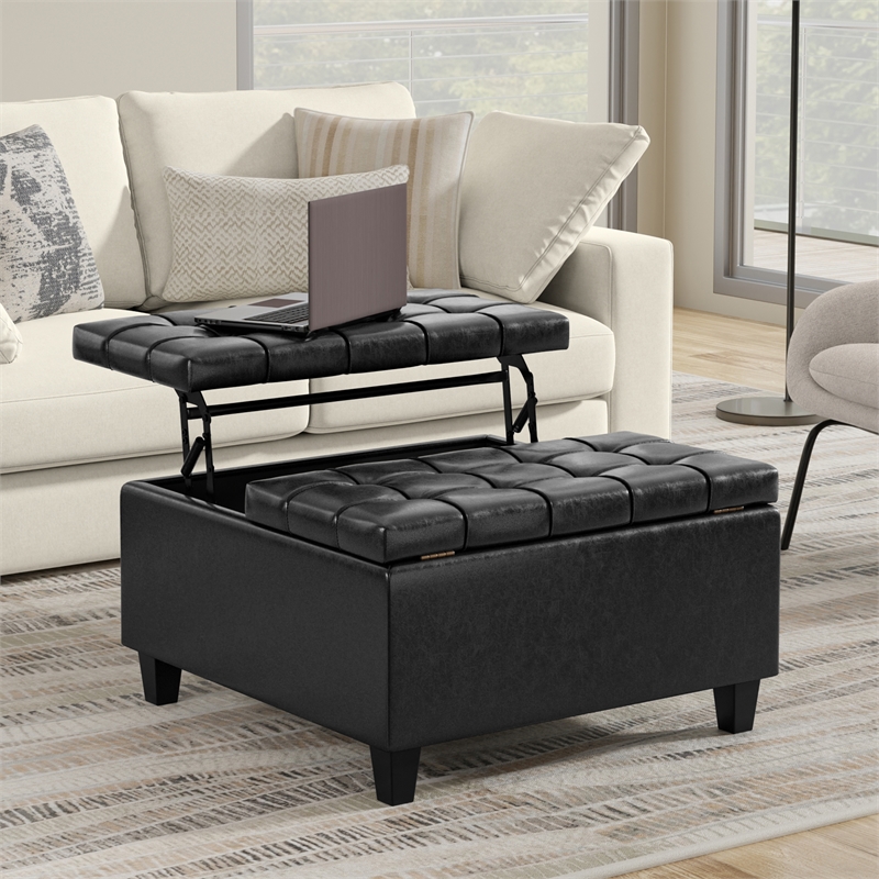 Harrison 30 inch Wide Coffee Table Storage Ottoman in Black Vegan Faux Leather