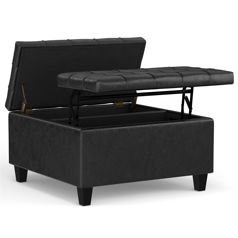 Harrison 30 inch Wide Coffee Table Storage Ottoman in Black Vegan Faux Leather