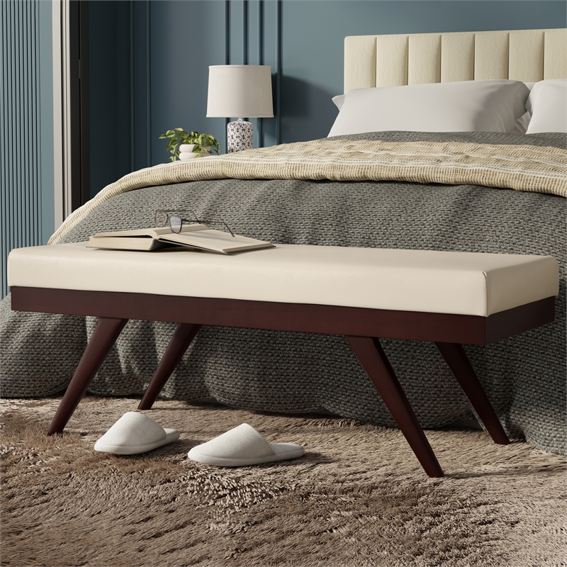 Chanelle 48 inch Wide Modern Ottoman Bench in Satin Cream Vegan Faux Leather