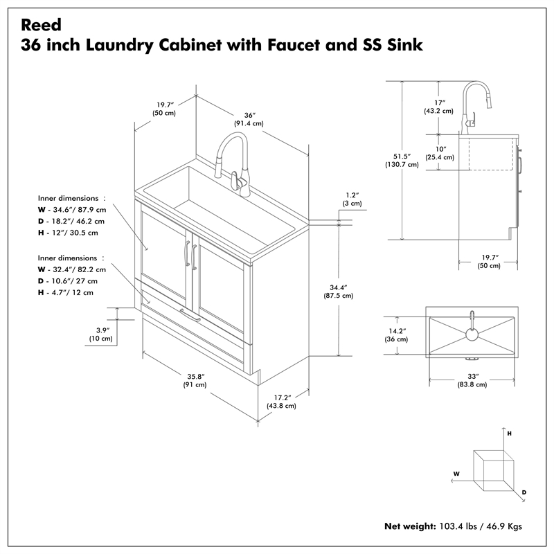 Reed 36-inch Utility Sink & Cabinet in Pure White