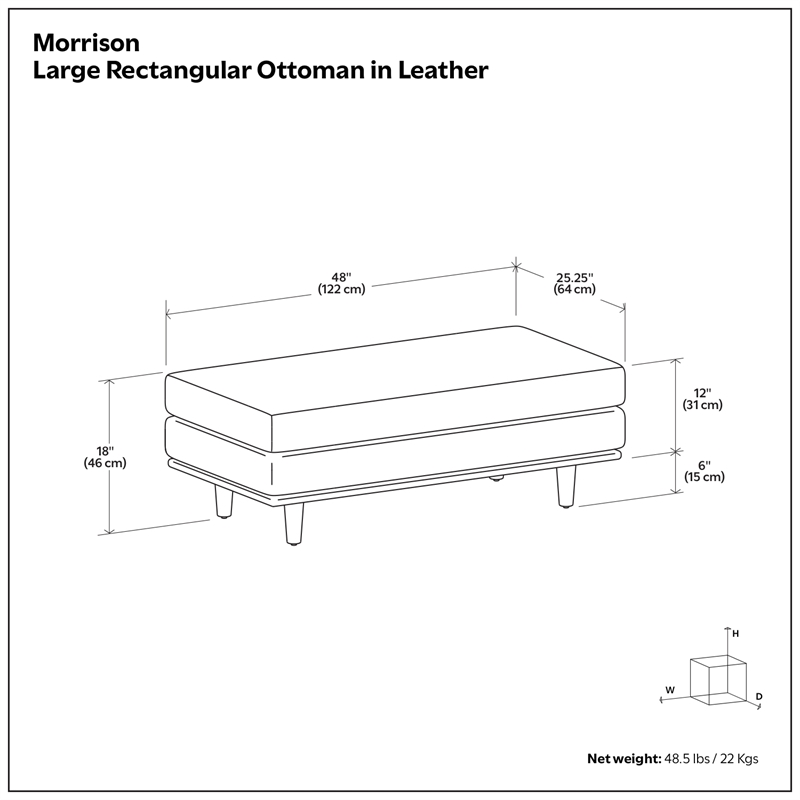 Morrison 49 inch Wide Modern Table Ottoman in Lead Black Genuine Leather