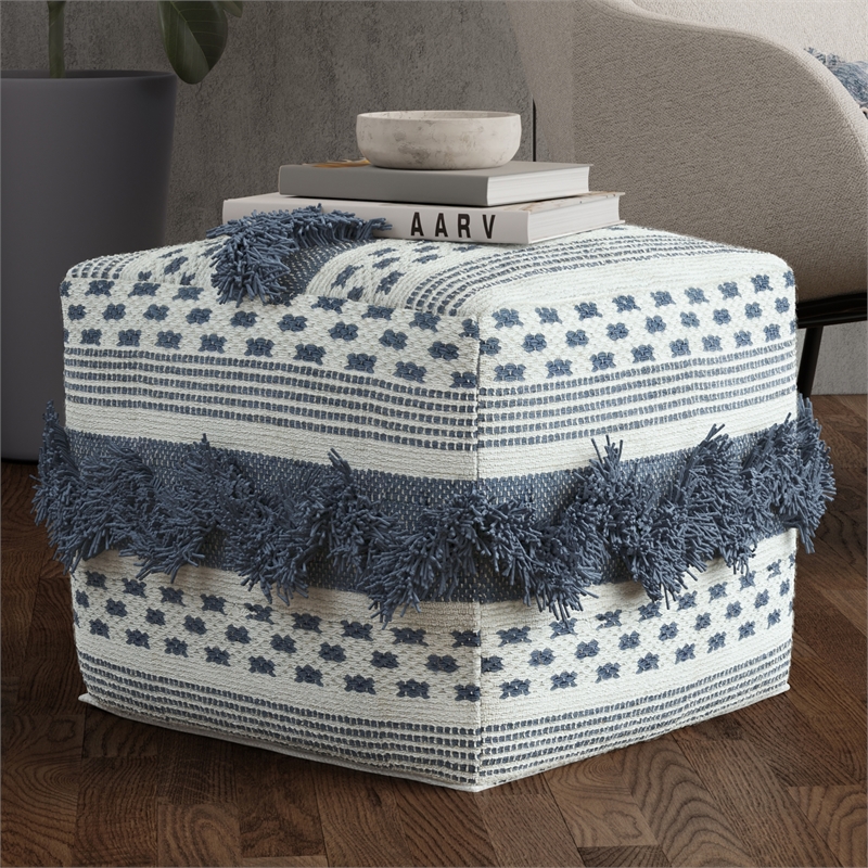 Bowden Hand Woven Square Cotton Pouf Ottoman in Grey and Ivory