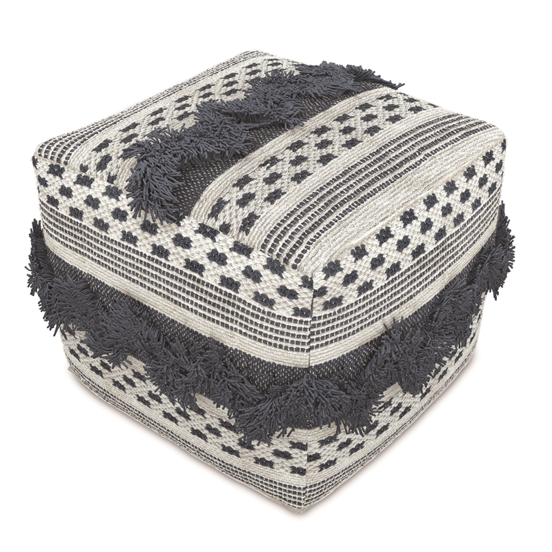 Bowden Hand Woven Square Cotton Pouf Ottoman in Grey and Ivory