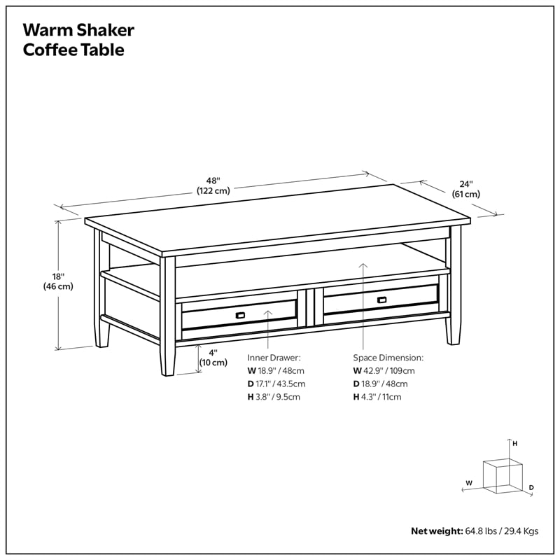 Warm Shaker 48 inch WD Wood Coffee Table in Distressed Charcoal Brown