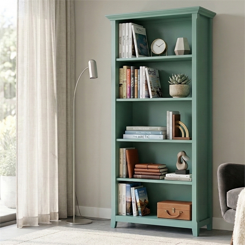 Amherst 30 inch x 70 inch Solid Wood Transitional 5 Shelf Bookcase in Sage Green