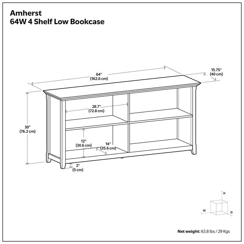 Amherst 64 inch Wide Solid Wood Transitional 4 Shelf Low Bookcase in Black