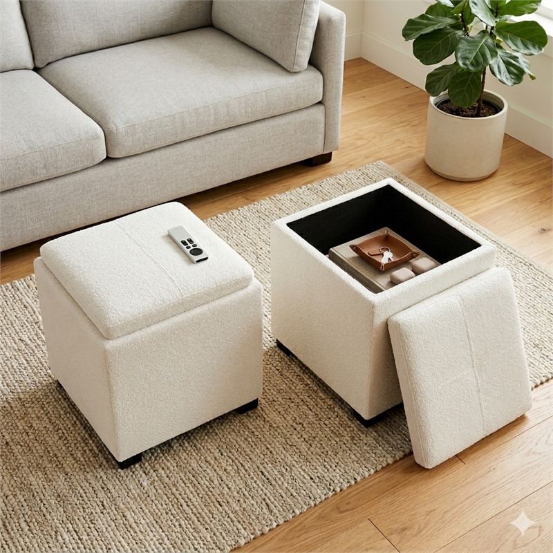Rockwood Wide Contemporary Cube Storage Ottoman with Tray Top in Ivory Boucle