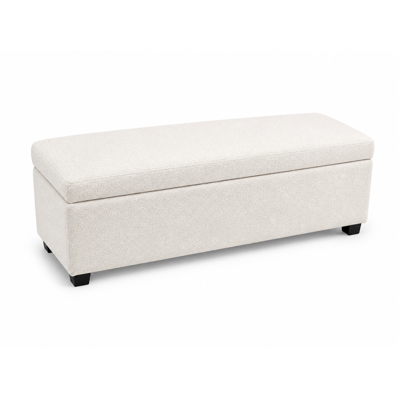 Avalon Wide Solid Wood Transitional Storage Ottoman Bench in Ivory Boucle