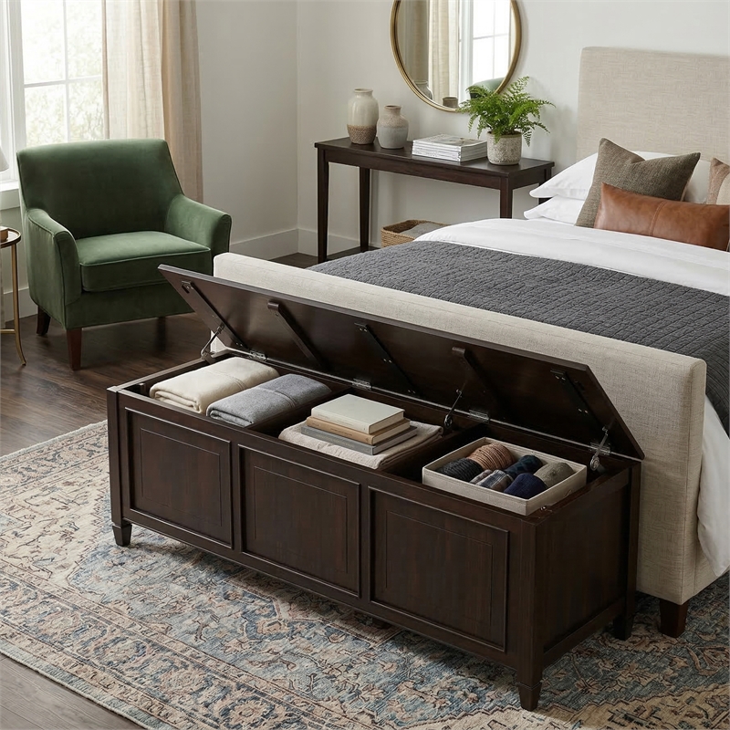 Connaught Wide Solid Wood Traditional Storage Bench in Dark Chestnut Brown