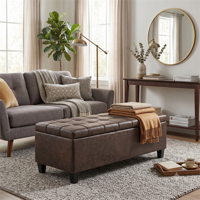 Harrison 48 inch Storage Ottoman Bench in Distressed Brown Vegan Leather