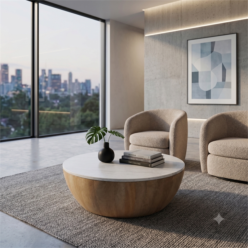 Elmbrook SOLID MANGO WOOD 34 in Round  Drum Coffee Table in White Marble