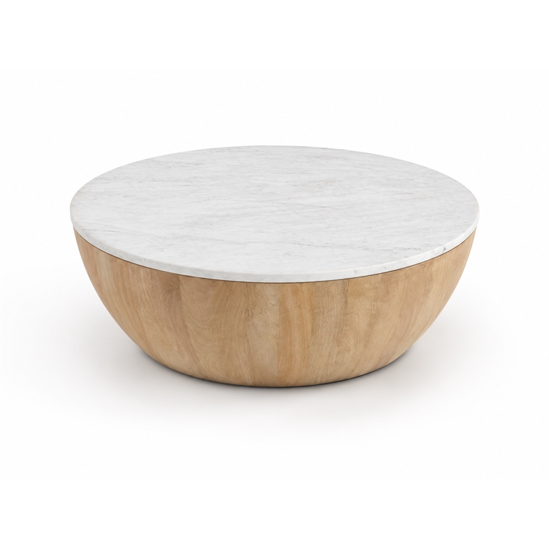 Elmbrook SOLID MANGO WOOD 34 in Round  Drum Coffee Table in White Marble