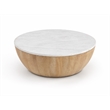 Elmbrook SOLID MANGO WOOD 34 in Round  Drum Coffee Table in White Marble