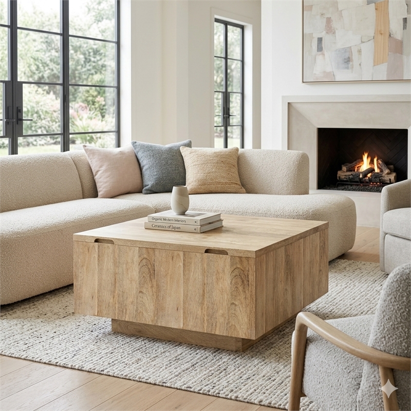 Lockhart 30 in Square Split Top Storage Coffee Table in Refined Natural