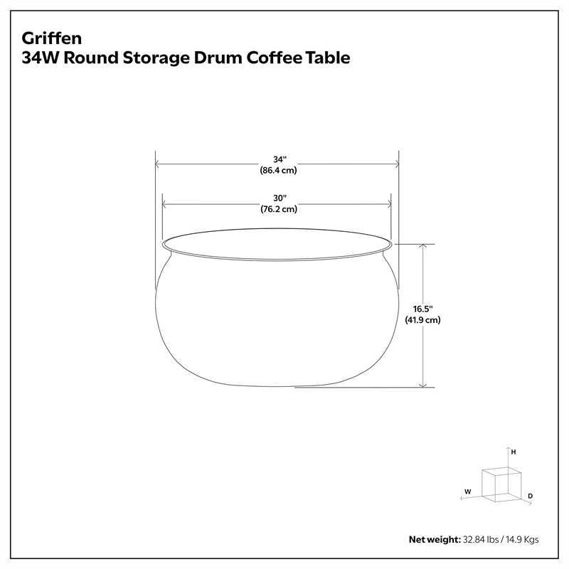 Griffen 34 inch Wide Round Storage Drum Coffee Table in Antique Copper
