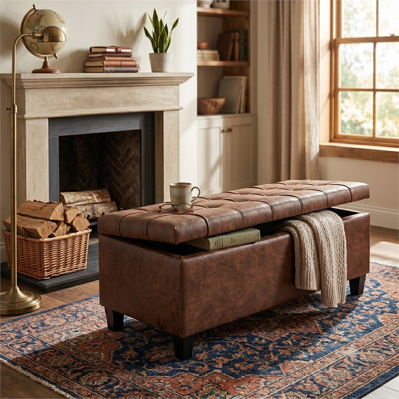 Harrison 48 in Storage Ottoman Bench in Distressed Saddle Brown Leather