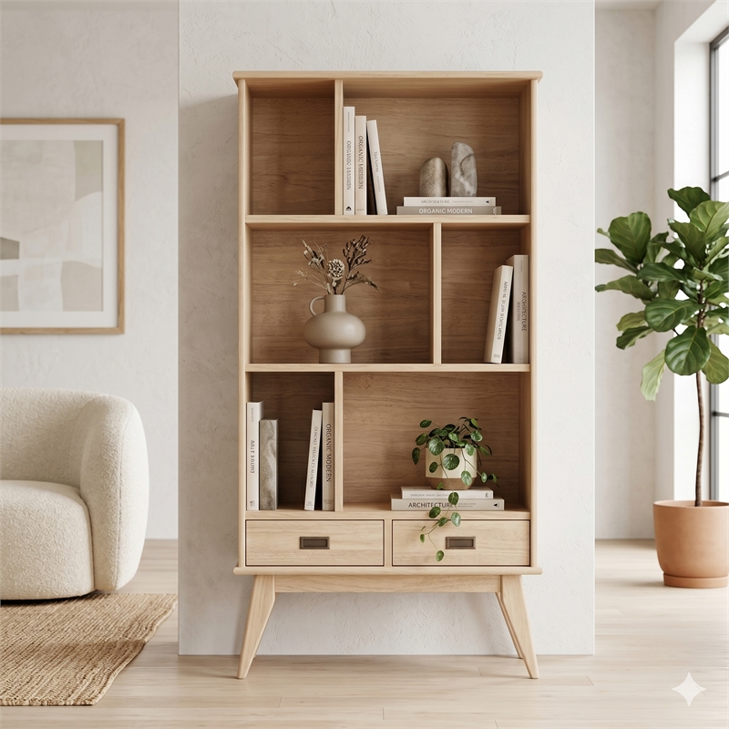Draper 35 inch x 64 inch Solid Wood Bookcase with 2 Drawers in Blonde