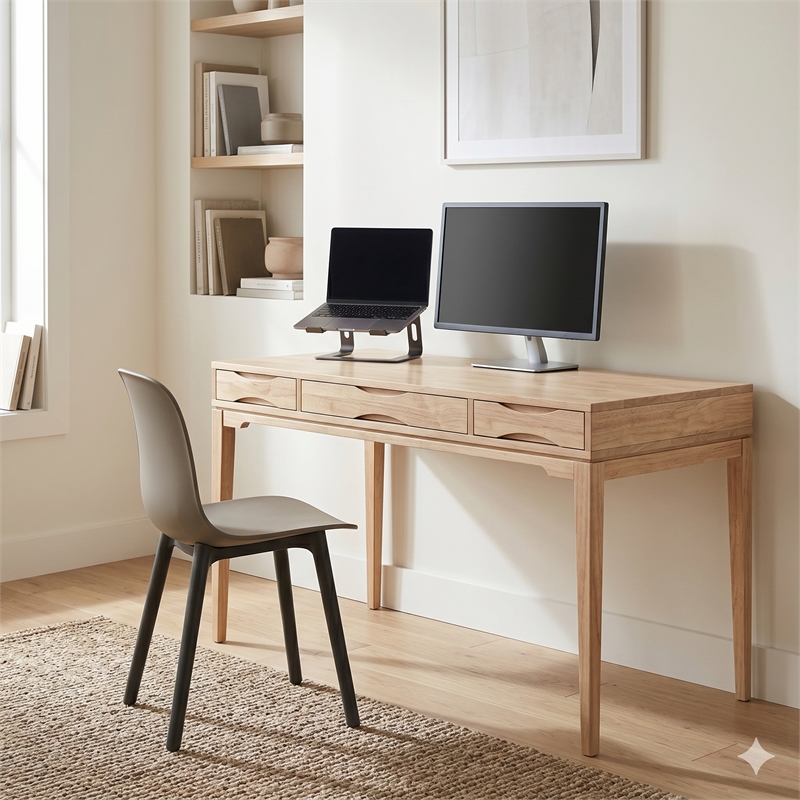 Harper 60 inch Solid Wood Writing Desk with Drawers in Blonde