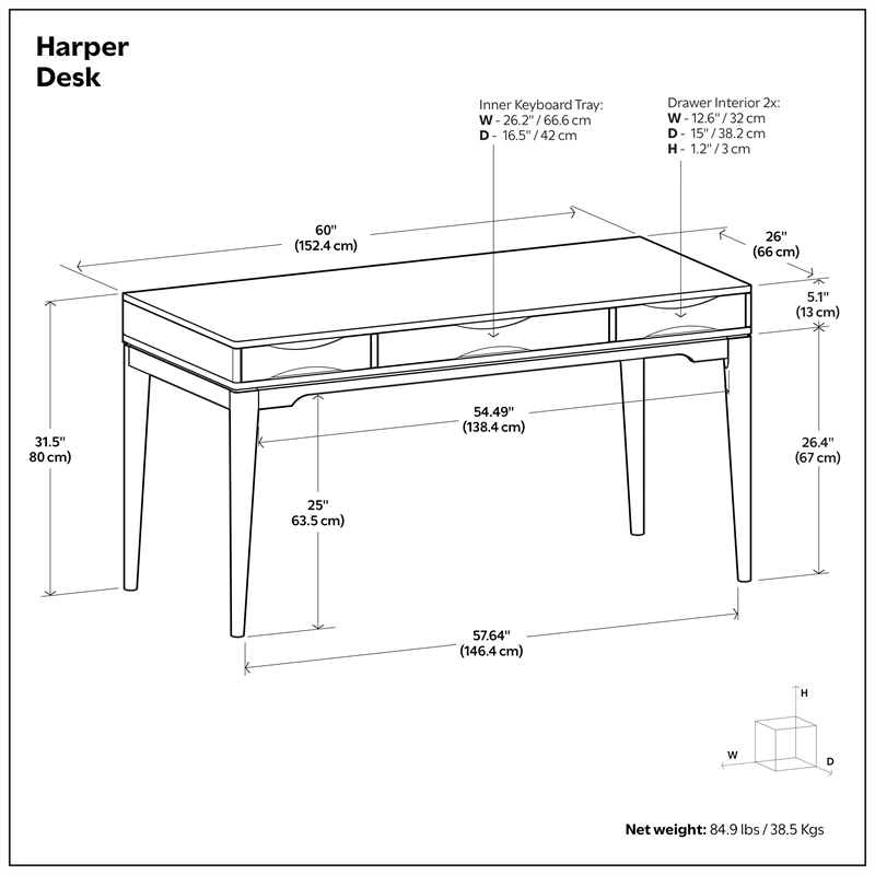 Harper 60 inch Solid Wood Writing Desk with Drawers in Blonde