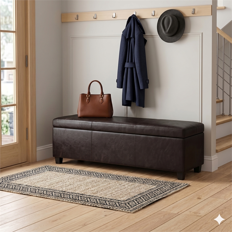 Avalon 60 in XXL Storage Ottoman Bench in Tanners Brown Vegan Leather
