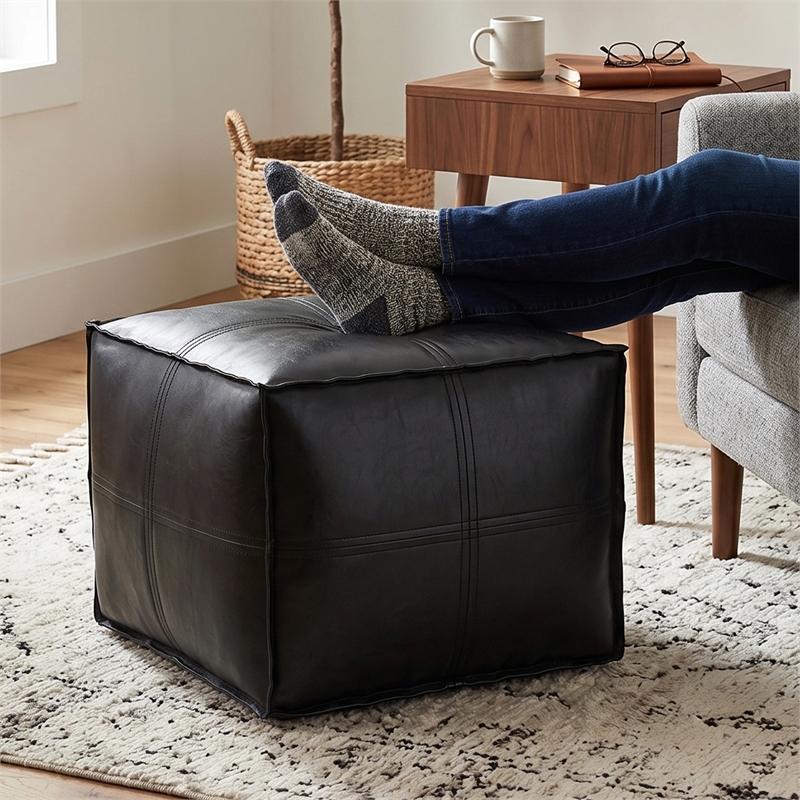 Brody 18 inch Wide Boho Square Pouf in Black Vegan Faux Leather