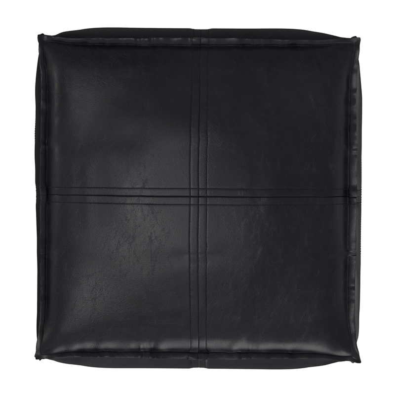 Brody 18 inch Wide Boho Square Pouf in Black Vegan Faux Leather
