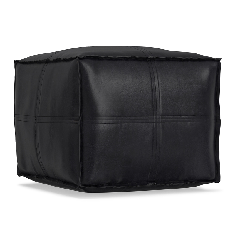 Brody 18 inch Wide Boho Square Pouf in Black Vegan Faux Leather