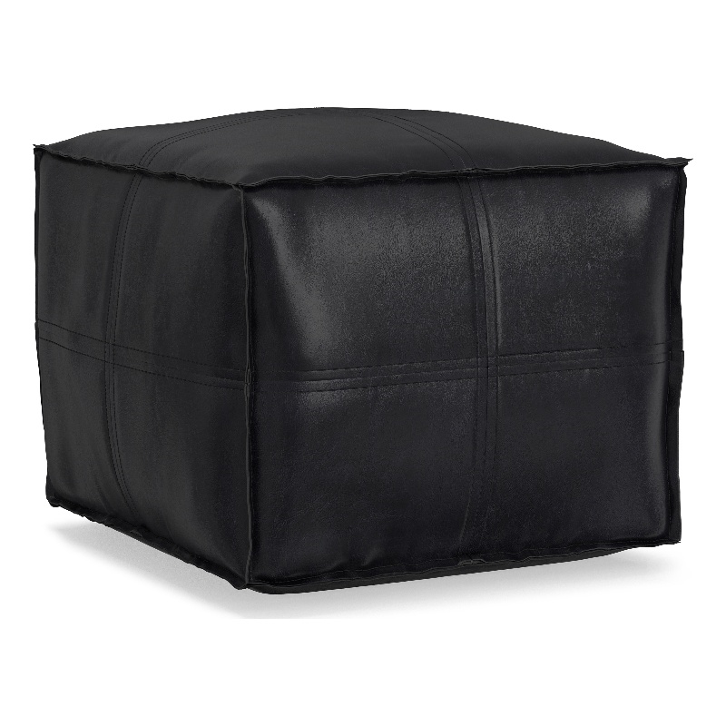 Brody 18 inch Wide Boho Square Pouf in Black Vegan Faux Leather