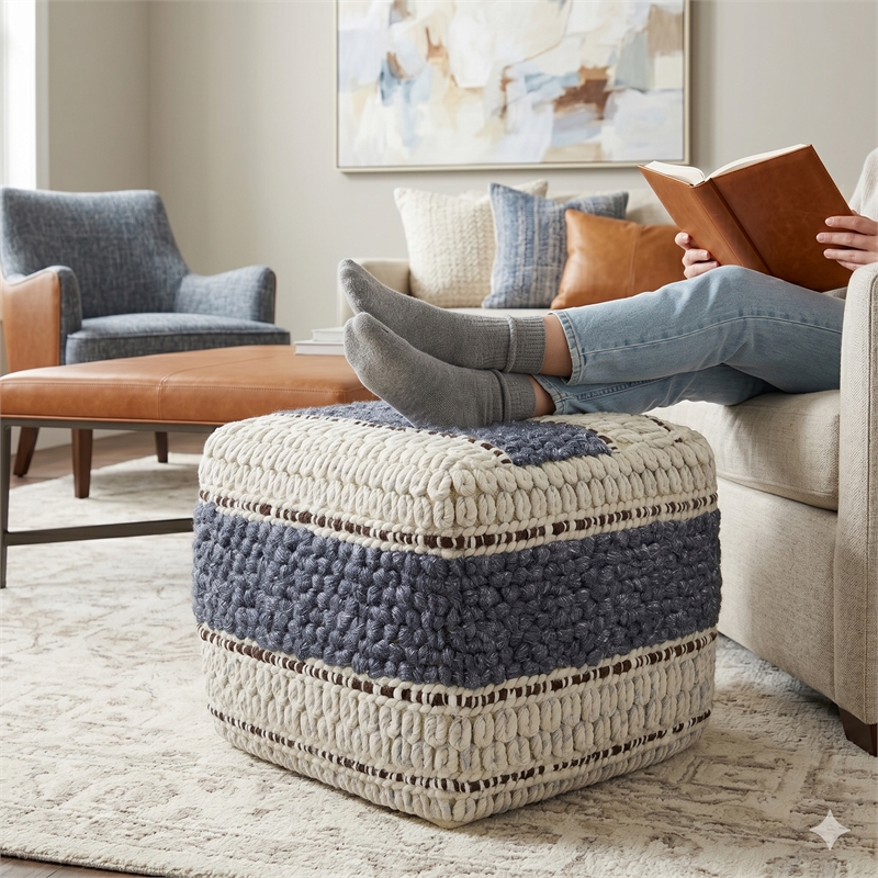 Grady 24 inch Wide Boho Square Stripe Pouf in Natural/Blue Wool