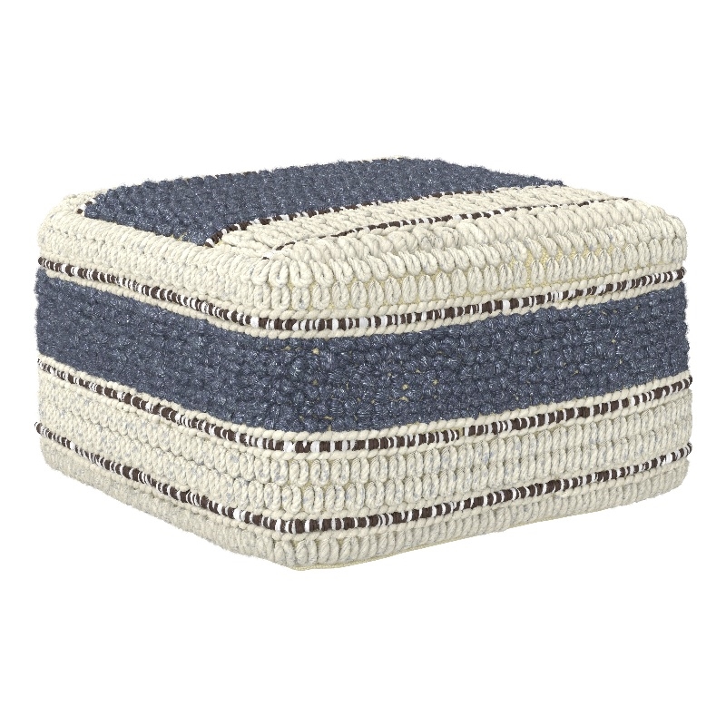 Grady 24 inch Wide Boho Square Stripe Pouf in Natural/Blue Wool