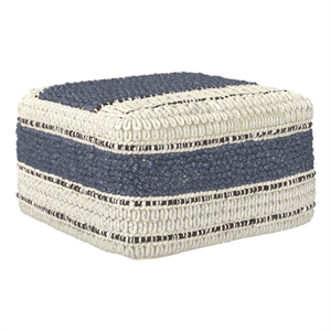 Grady 24 inch Wide Boho Square Stripe Pouf in Natural/Blue Wool