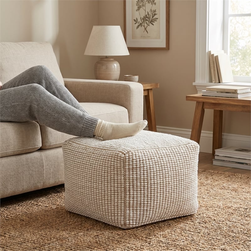 Zelma 24 inch Wide Boho Square Celtic Indoor/Outdoor Pouf in Off White
