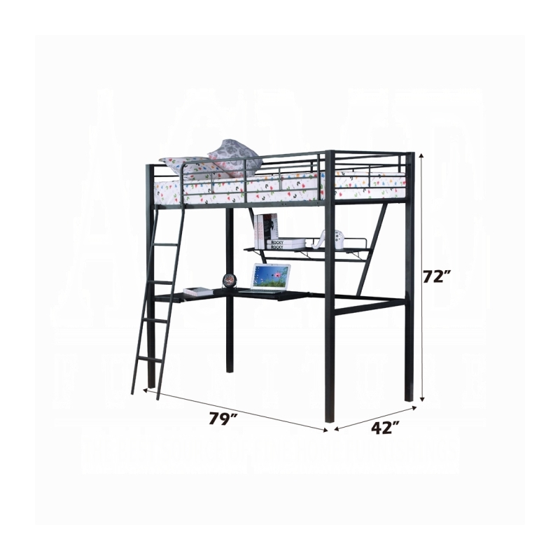 ACME Senon Metal Frame Twin Loft Bed with Desk in Black and Silver