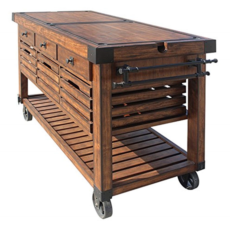 ACME Kaif 3-Drawer Wooden Kitchen Cart with 3 Baskets in Distress Chestnut