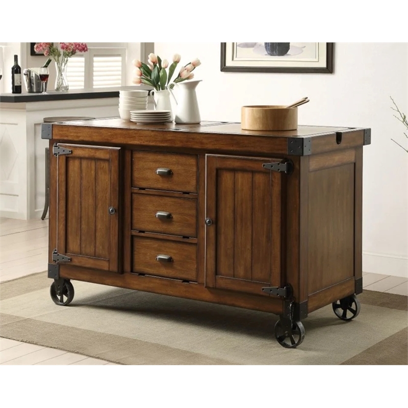 ACME Kabili 3-Drawers Wood Kitchen Cart in Antique Tobacco