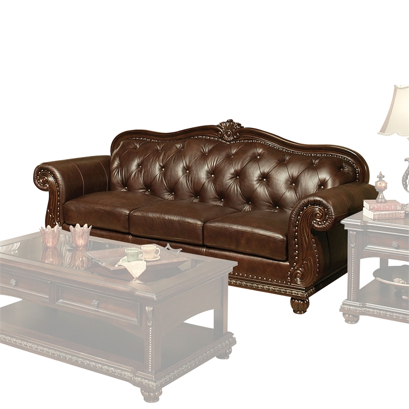 ACME Anondale Tufted Upholstered Leather Sofa in Cherry