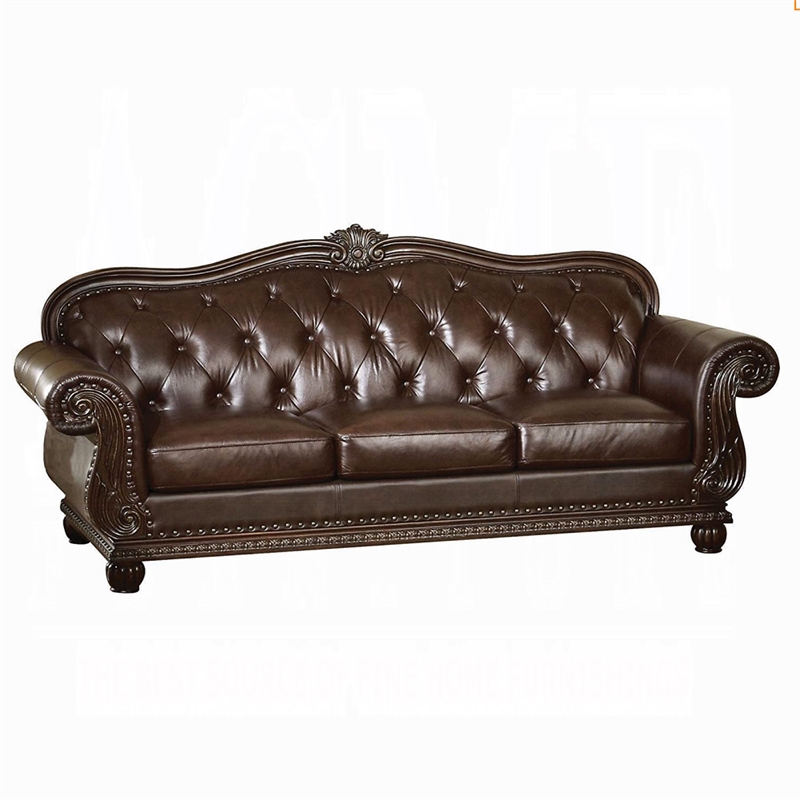 ACME Anondale Leather Tufted Upholstered Sofa in Cherry
