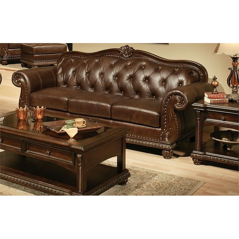 ACME Anondale Leather Tufted Upholstered Sofa in Cherry