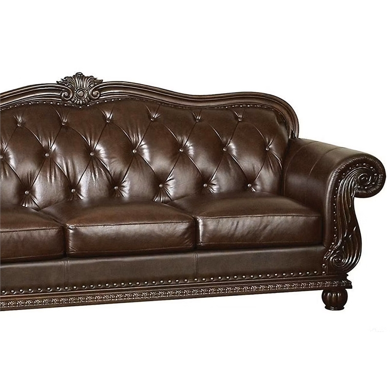 ACME Anondale Leather Tufted Upholstered Sofa in Cherry