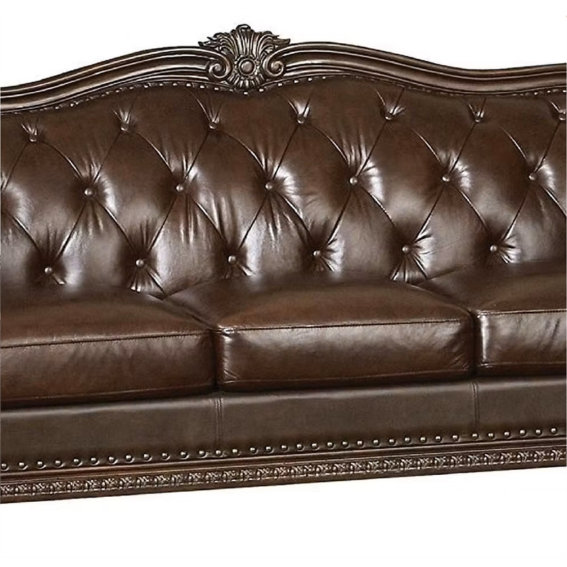 ACME Anondale Leather Tufted Upholstered Sofa in Cherry