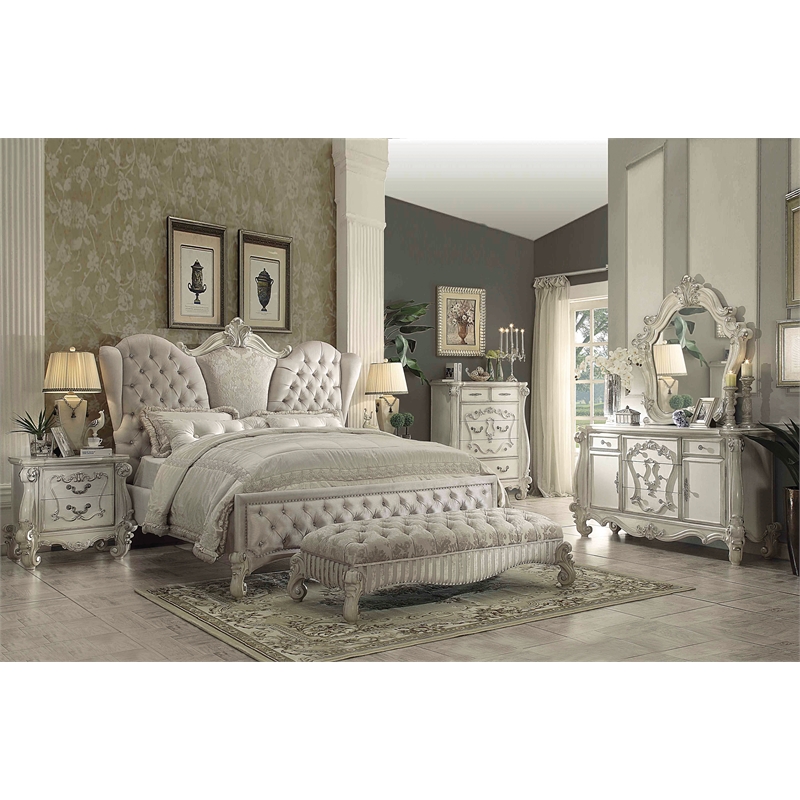 ACME Versailles 2 Drawer Nightstand with Scrolled Leg in Bone White Wood