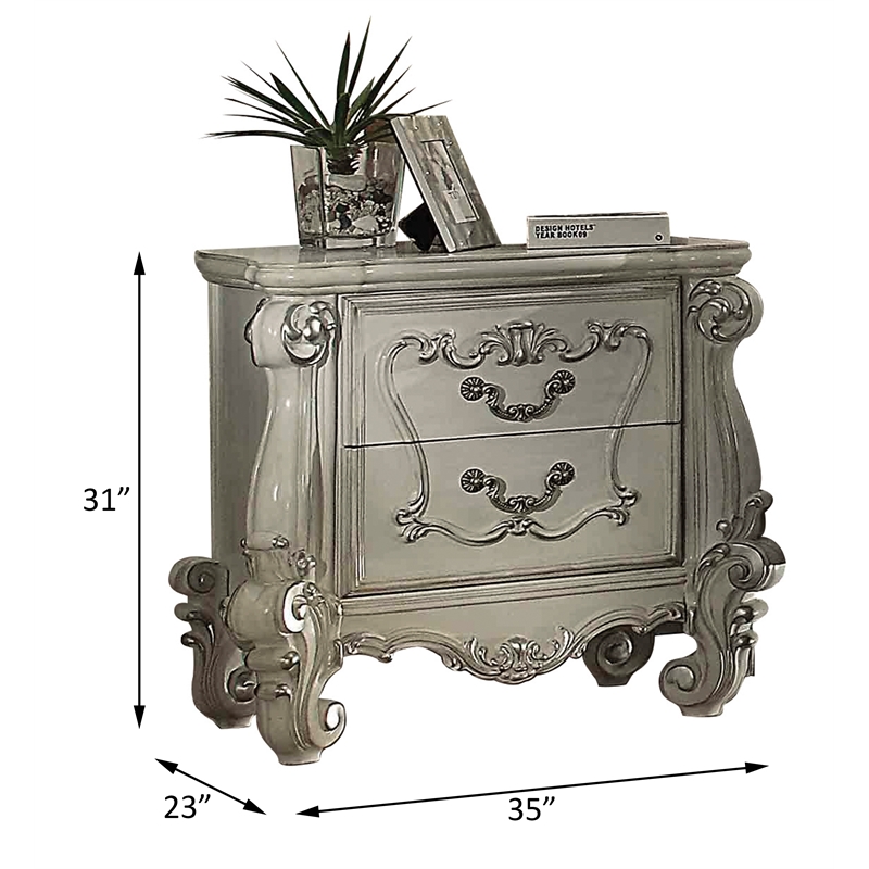 ACME Versailles 2 Drawer Nightstand with Scrolled Leg in Bone White Wood