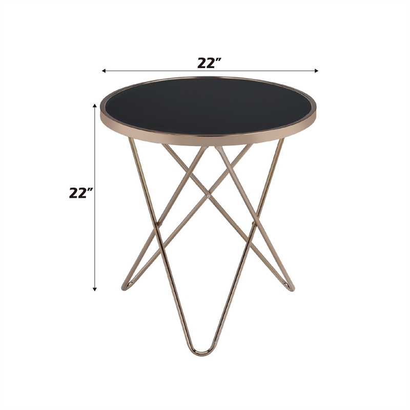 ACME Valora Round Glass Top End Table in White Glass and Gold
