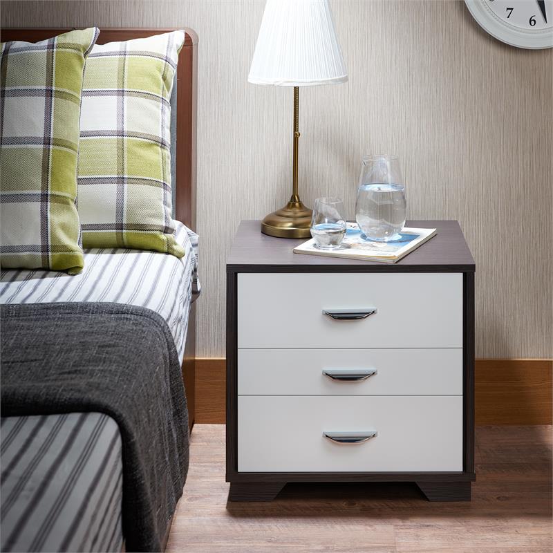 ACME Eloy Wooden Nightstand with 3 Drawers and Wooden Frame in White and Black