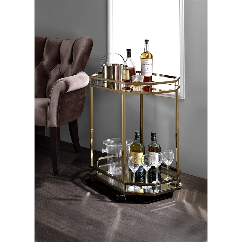 ACME Lacole Metal Frame Serving Cart with Bottom Shelf in Gold and Mirrored