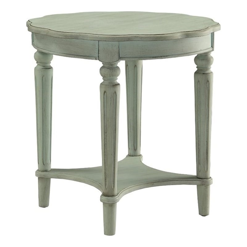 ACME Fordon Round Wooden End Table with Bottom Shelf in Antique Green