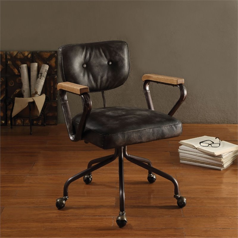 ACME Hallie Leather Swivel Office Chair in Vintage Black