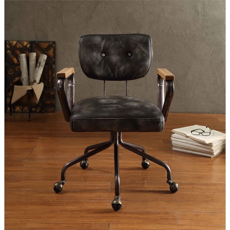 ACME Hallie Leather Swivel Office Chair in Vintage Black