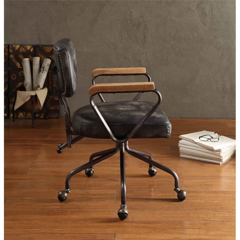 ACME Hallie Leather Swivel Office Chair in Vintage Black